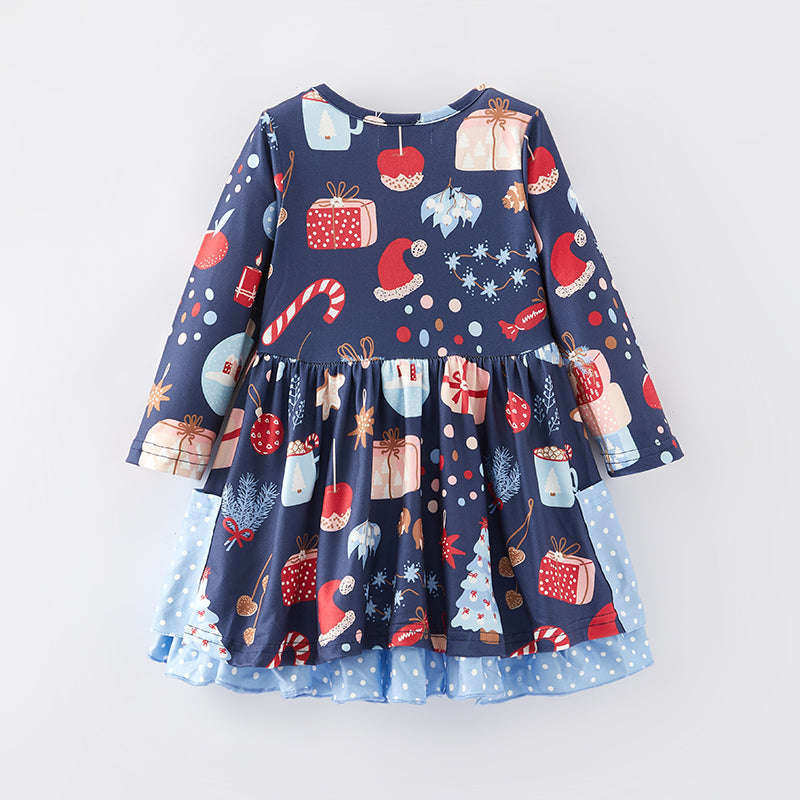 (In Stock E35-2-3)Girls Christmas Print Dress
