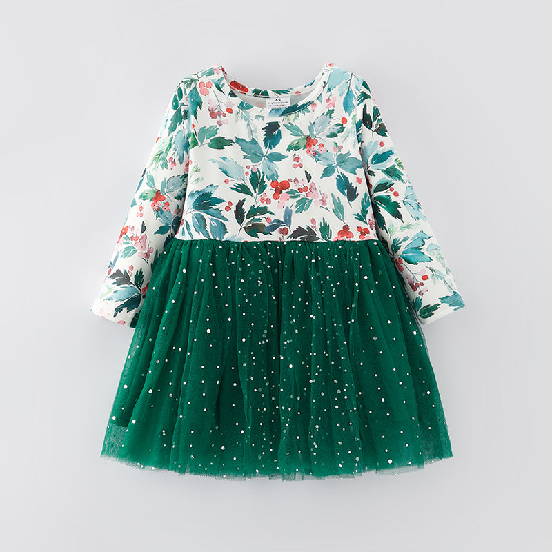 (In Stock E35-1-3)Girls Christmas Print Tulle Dress