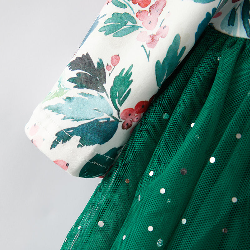 (In Stock E35-1-3)Girls Christmas Print Tulle Dress