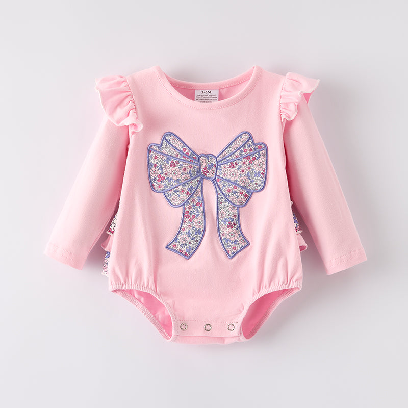 (Restock)Toddler Girls Fall Bow Applique Cotton Romper