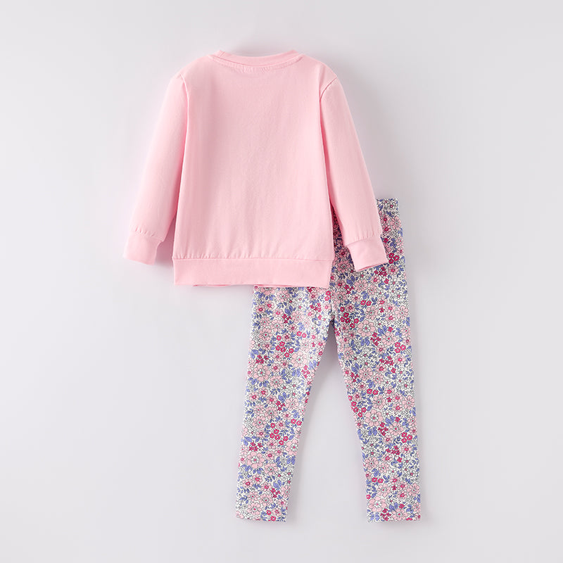 (In Stock)Girls Fall Bow Applique Cotton Top Floral Print Pants Set