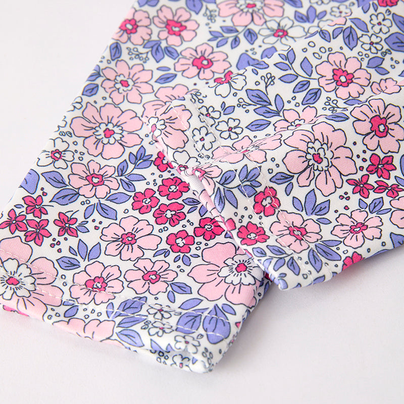 (In Stock)Girls Fall Bow Applique Cotton Top Floral Print Pants Set