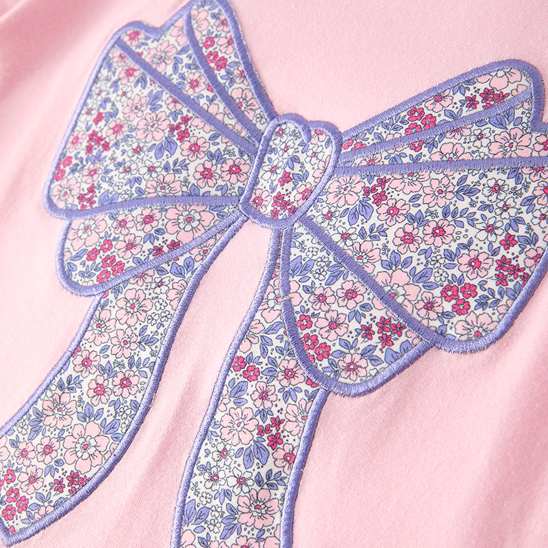 (In Stock)Girls Fall Bow Applique Cotton Top Floral Print Pants Set