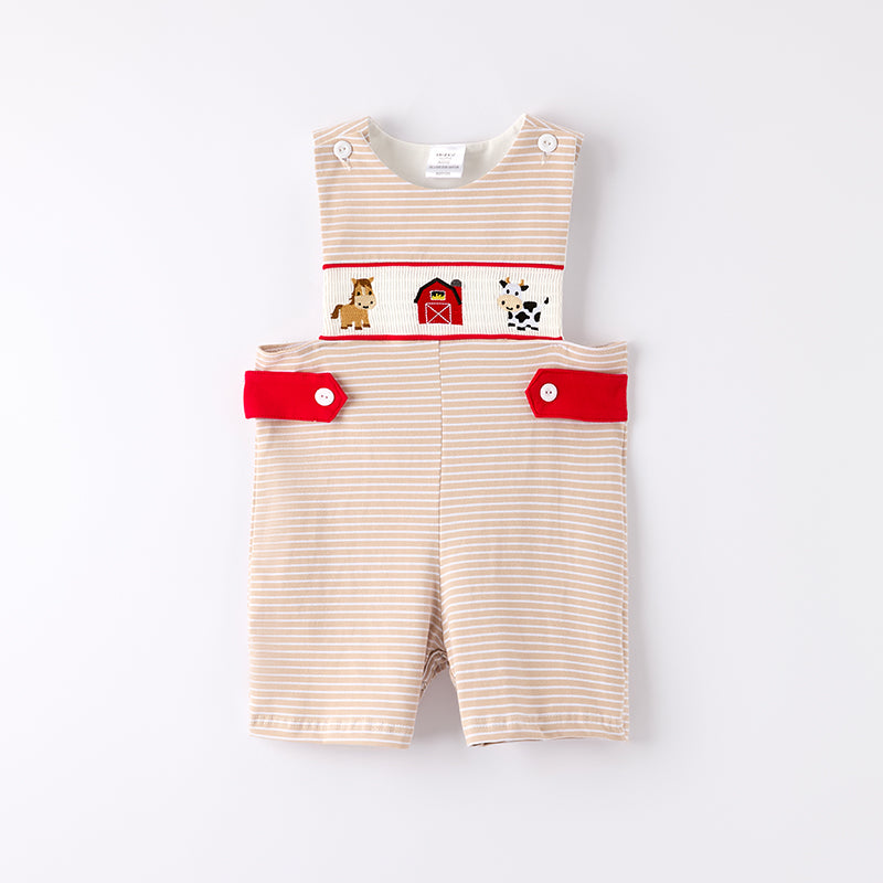 (In Stock)Toddler Boys Spring and Summer Khaki Farm Embroidery Smocked Romper