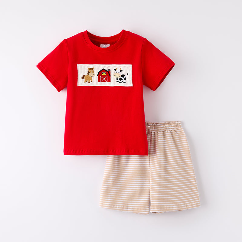 (In Stock)Boys Spring and Summer Khaki Farm Embroidery Smocked Shorts Set