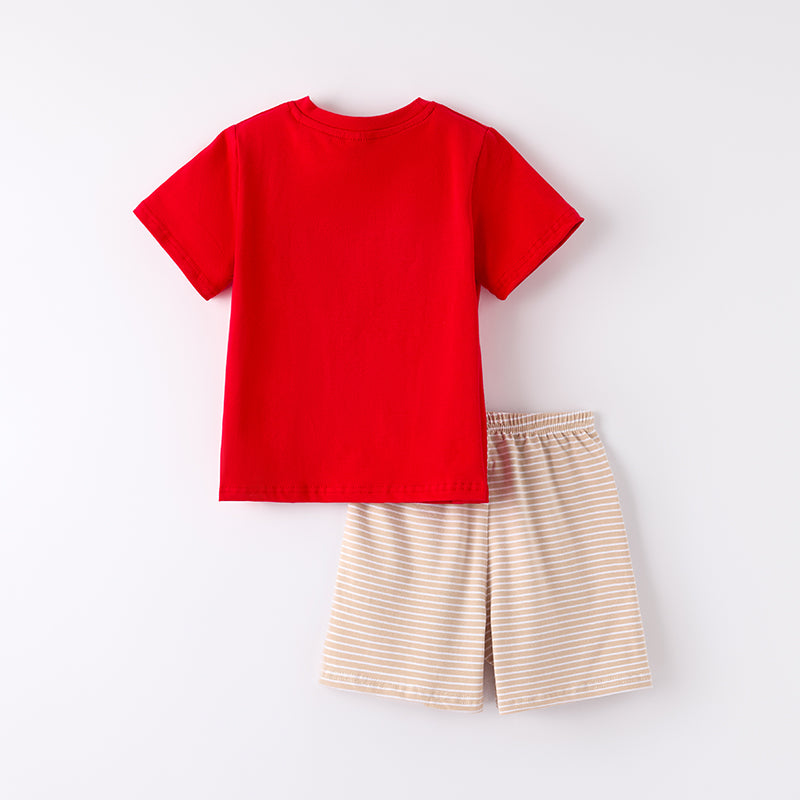 (In Stock)Boys Spring and Summer Khaki Farm Embroidery Smocked Shorts Set