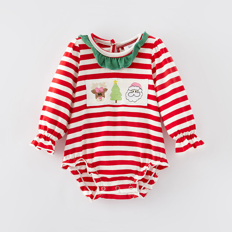 (In Stock E34-3-2)Baby Girls Christmas Embroidery Stripe Romper