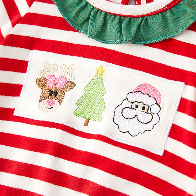 (In Stock E34-3-2)Baby Girls Christmas Embroidery Stripe Romper