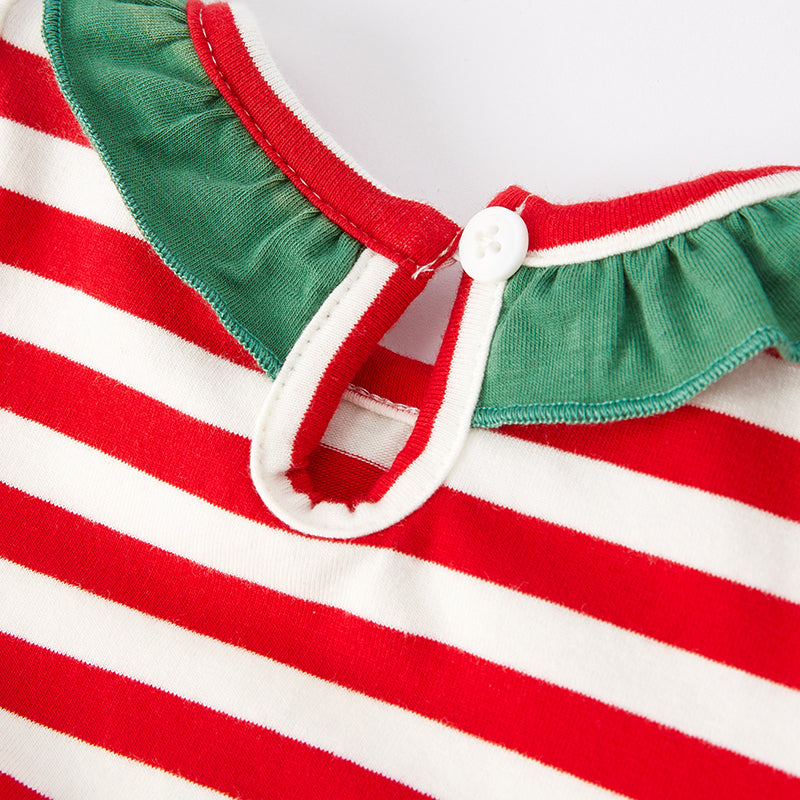 (In Stock E34-3-2)Baby Girls Christmas Embroidery Stripe Romper