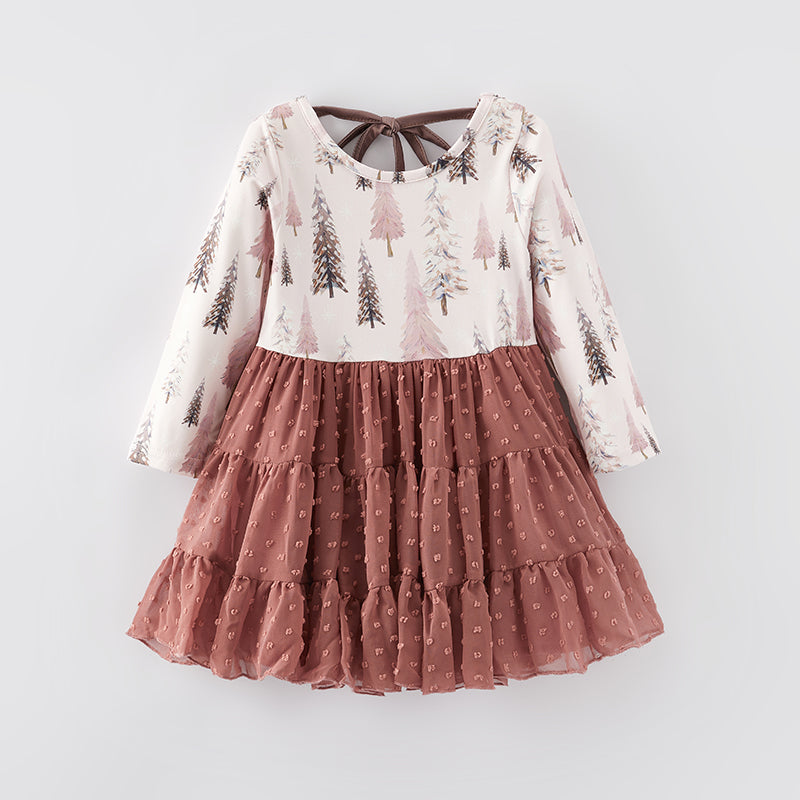 (In Stock E35-1-1)Girls Christmas Print Swiss Dot Dress