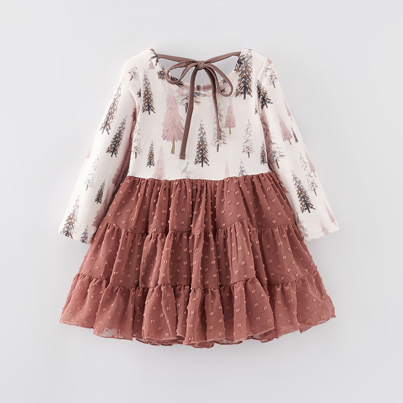 (In Stock E35-1-1)Girls Christmas Print Swiss Dot Dress