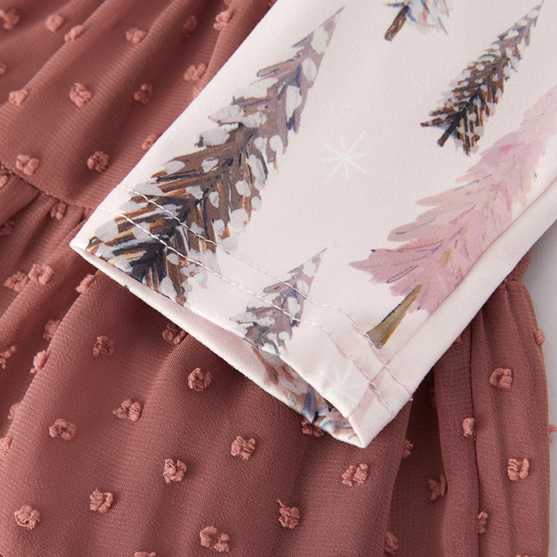 (In Stock E35-1-1)Girls Christmas Print Swiss Dot Dress