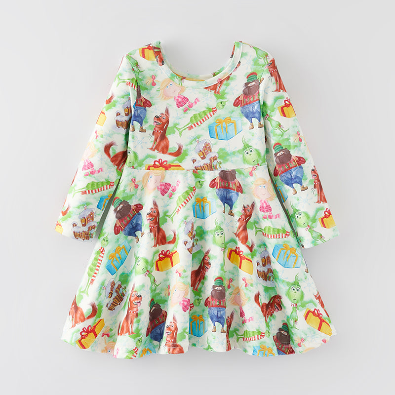 (In Stock G8-3-2 G7-2-2)Girls Christmas Cartoon Print Dress