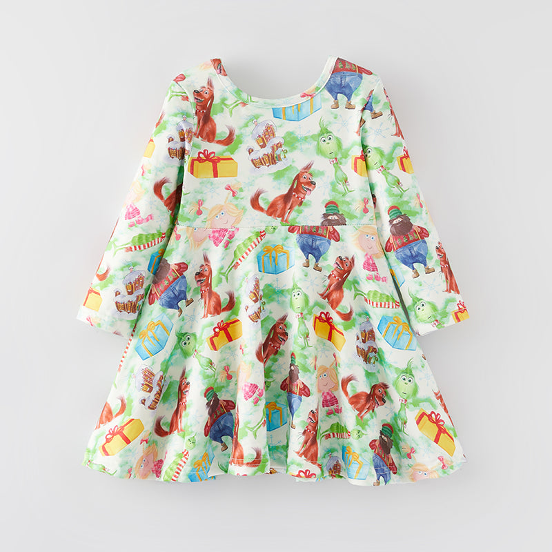 (In Stock G8-3-2 G7-2-2)Girls Christmas Cartoon Print Dress