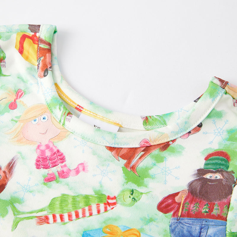 (In Stock G8-3-2 G7-2-2)Girls Christmas Cartoon Print Dress
