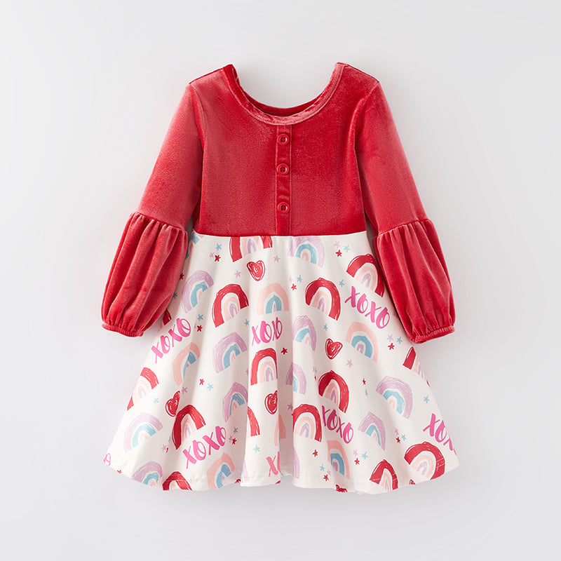 (In Stock L8-1-2)Girls Valentine's Day Print Velvet Dress