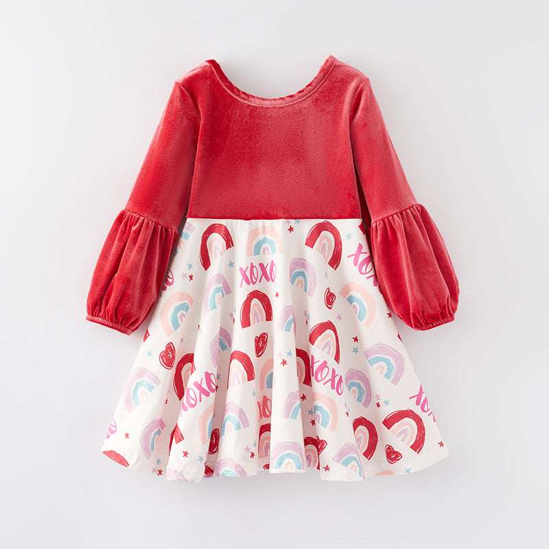 (In Stock L8-1-2)Girls Valentine's Day Print Velvet Dress