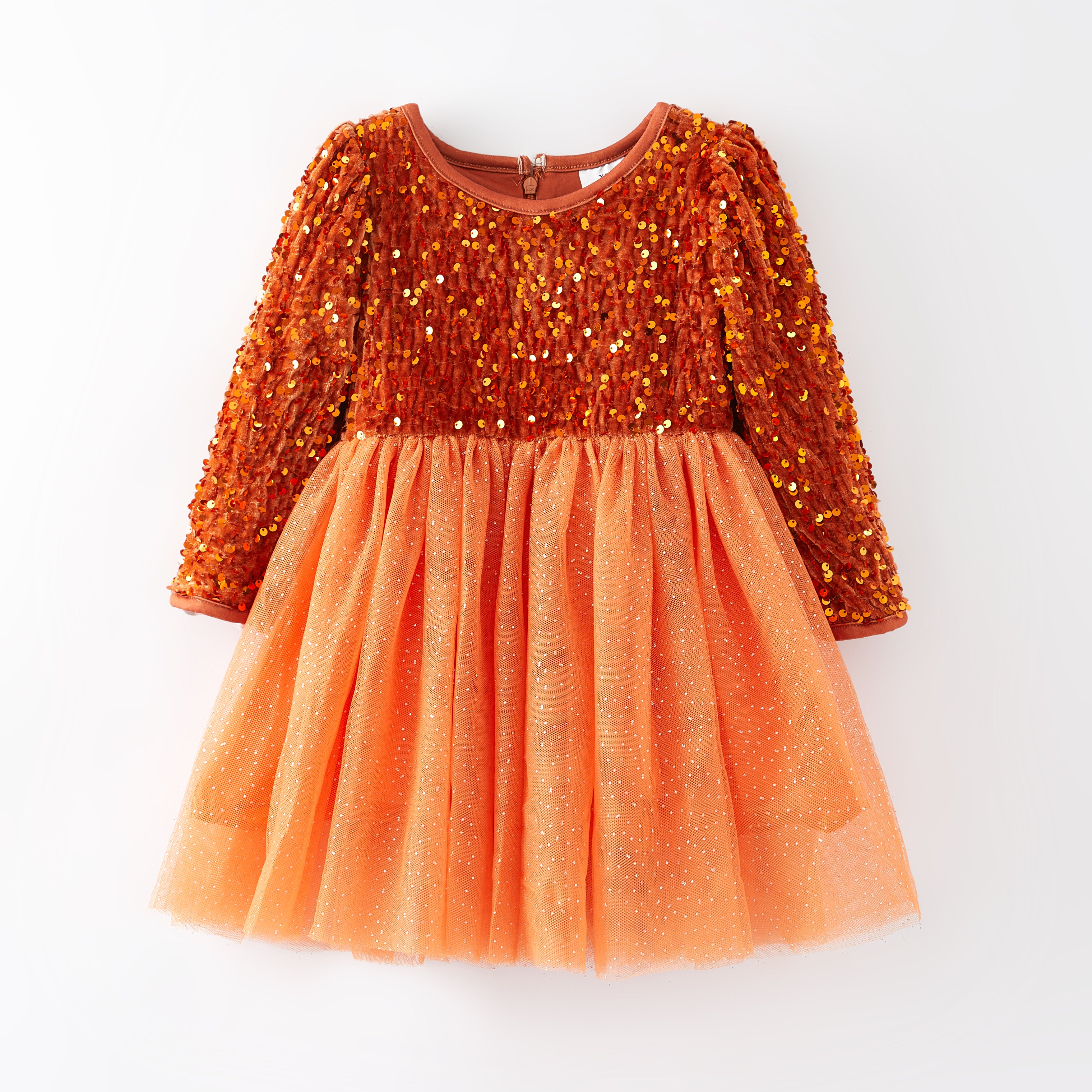 (In Stock E33-1-1)Girls Orange Sequined Tulle Dress