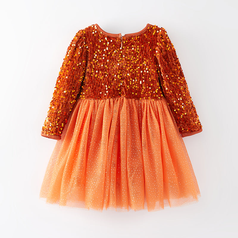 (In Stock E33-1-1)Girls Orange Sequined Tulle Dress