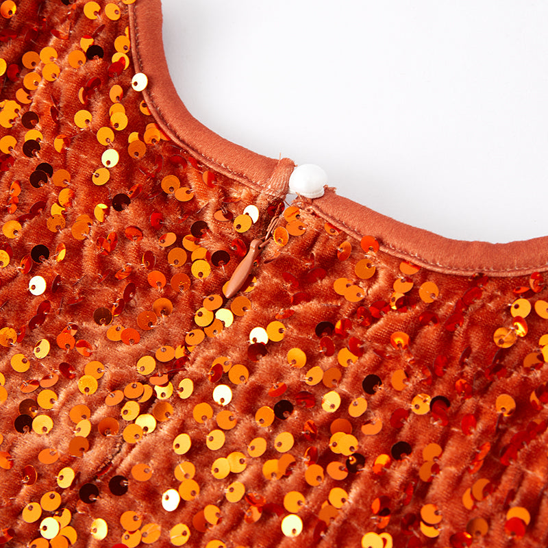 (In Stock E33-1-1)Girls Orange Sequined Tulle Dress