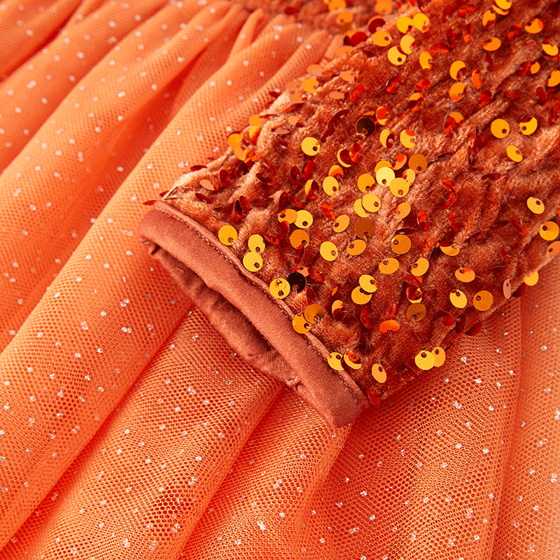 (In Stock E33-1-1)Girls Orange Sequined Tulle Dress