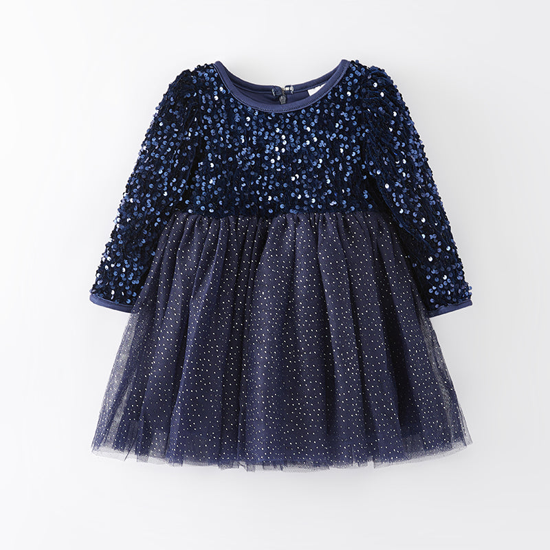 h&m blue sequin dress In Stock E33-3-1）Girls Dark Blue Sequined Tulle Dress