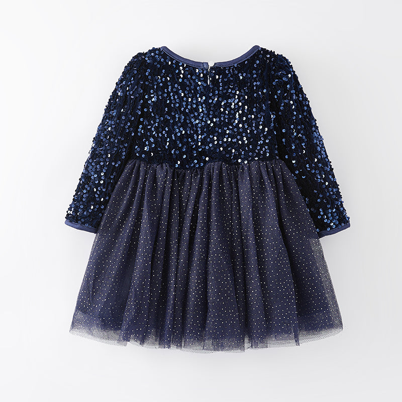 (In Stock E33-3-1)Girls Dark Blue Sequined Tulle Dress