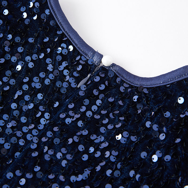 (In Stock E33-3-1)Girls Dark Blue Sequined Tulle Dress