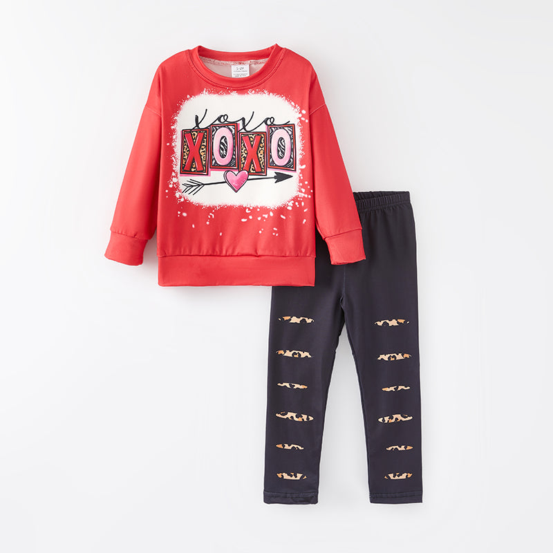 (In Stock L8-1-3)Girls Valentine's Day XOXO Print Outfit Set
