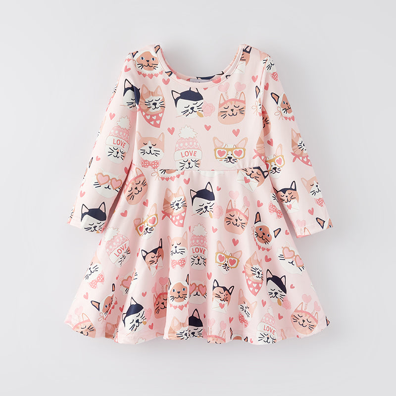 (In Stock L32-4-3)Girls Valentine's Day Kitty Print Dress