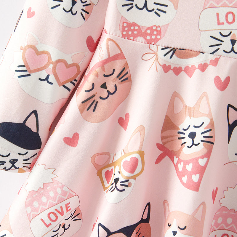 (In Stock L32-4-3)Girls Valentine's Day Kitty Print Dress