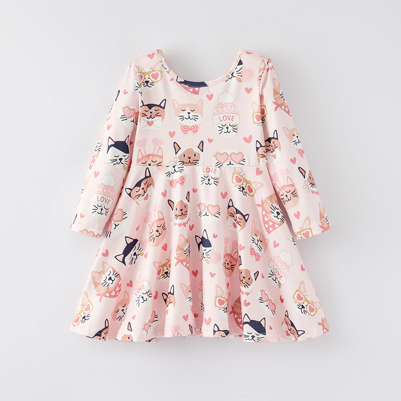 (In Stock L32-4-3)Girls Valentine's Day Kitty Print Dress