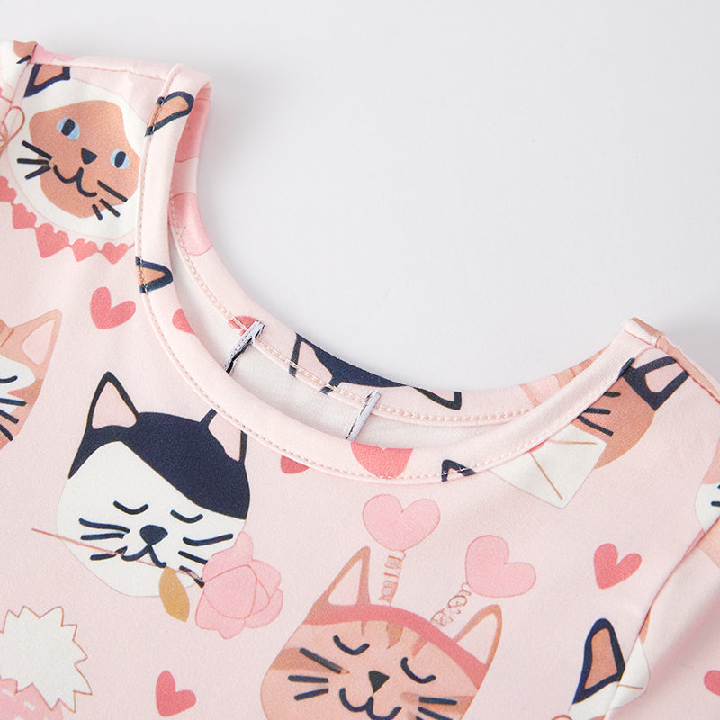 (In Stock L32-4-3)Girls Valentine's Day Kitty Print Dress