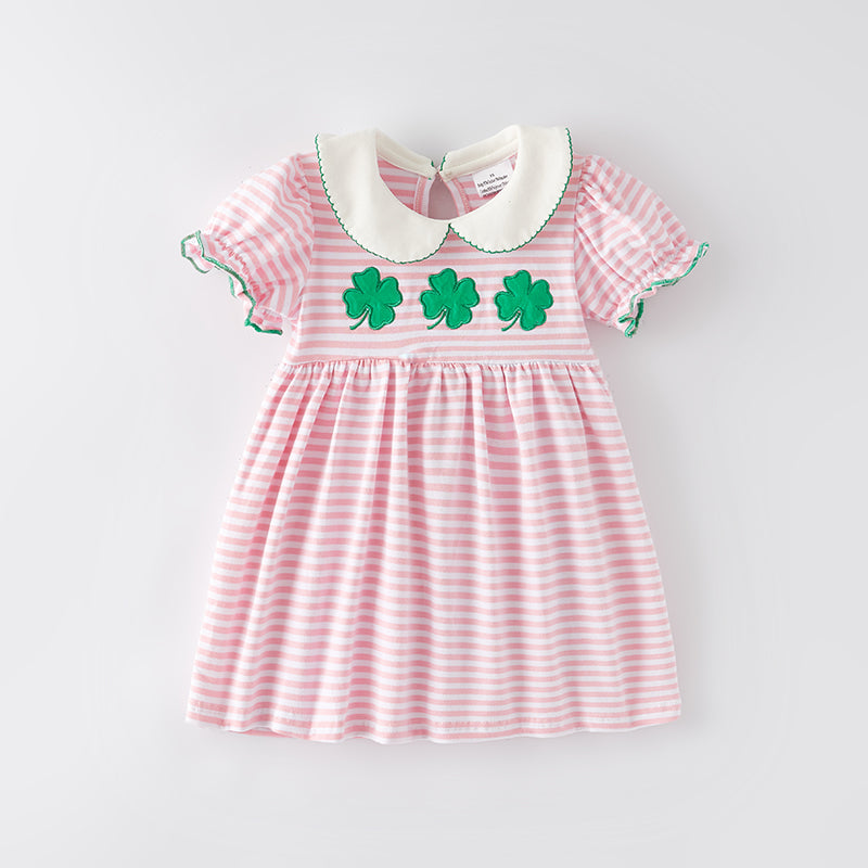 (In Stock G22-4-1)Girls St.Patrick's Day Shamrock Applique Stripe Dress