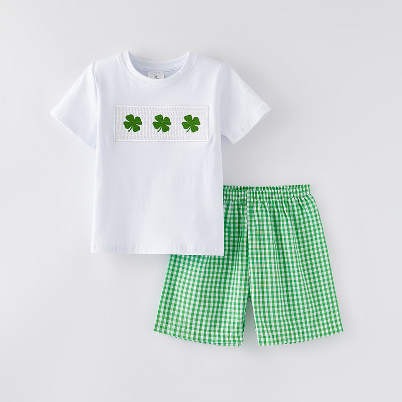 (In Stock G25-3-1)Boys St.Patrick's Day Shamrock Embroidery Smocked Outfit Set