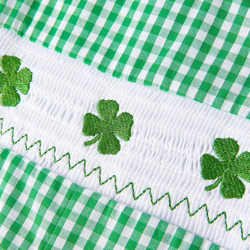 (In Stock G23-3-1)Baby Boys St.Patrick's Day Shamrock Embroidery Smocked Romper