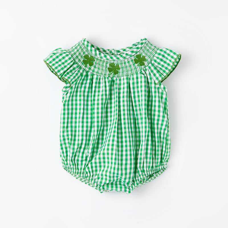 (In Stock G22-2-1)One Pack(20 Pieces total) Baby Girls St.Patrick's Day Shamrock Embroidery Smocked Romper