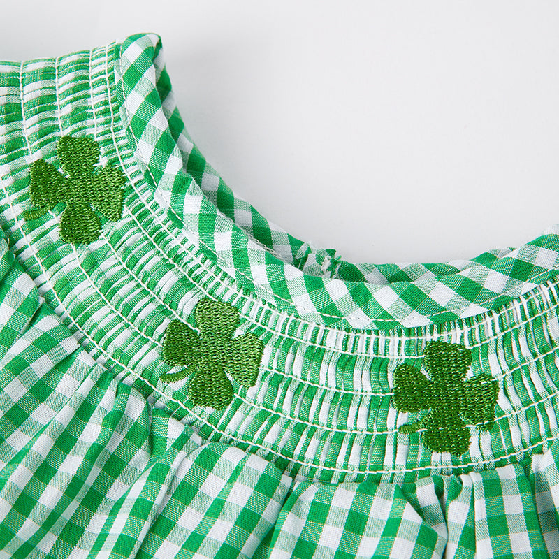 (In Stock G22-2-1)One Pack(20 Pieces total) Baby Girls St.Patrick's Day Shamrock Embroidery Smocked Romper
