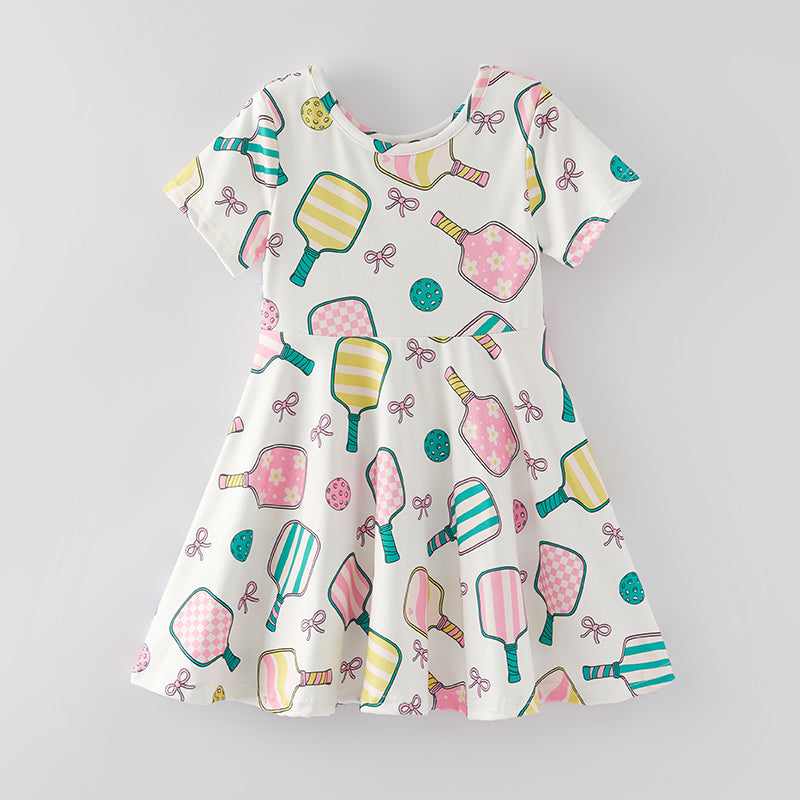 (In Stock A4-3-1)Girls Pickleball Coquette Bow Print Milk Silk Dress
