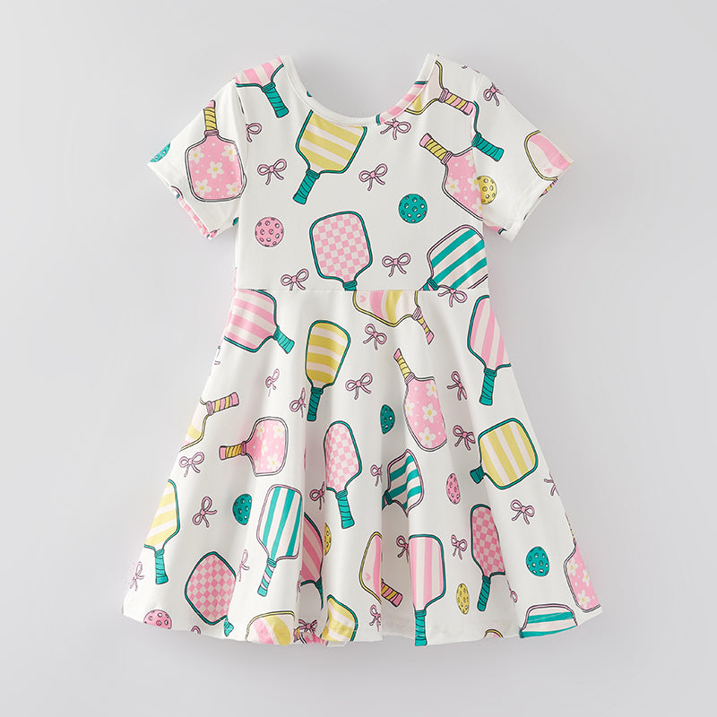 (In Stock A4-3-1)Girls Pickleball Coquette Bow Print Milk Silk Dress