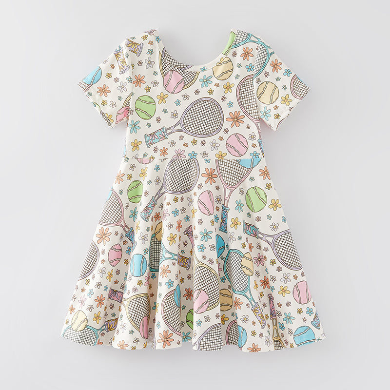 (In Stock A4-3-2)Girls Tennis Print Milk Silk Dress