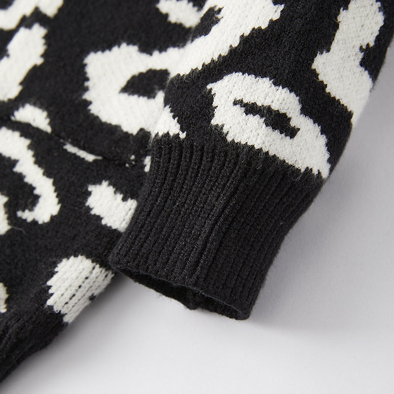 (In Stock G24-3-1 )Mommy and Me Fall Black-and-white Leopard Print Sweater Cardigan