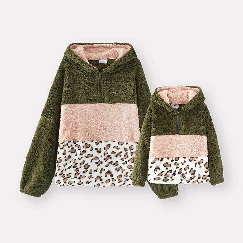 (In Stock G26-3-1 G26-1-1)Mommy and Me Fall Color-matching Leopard Print Fleece Hoodie