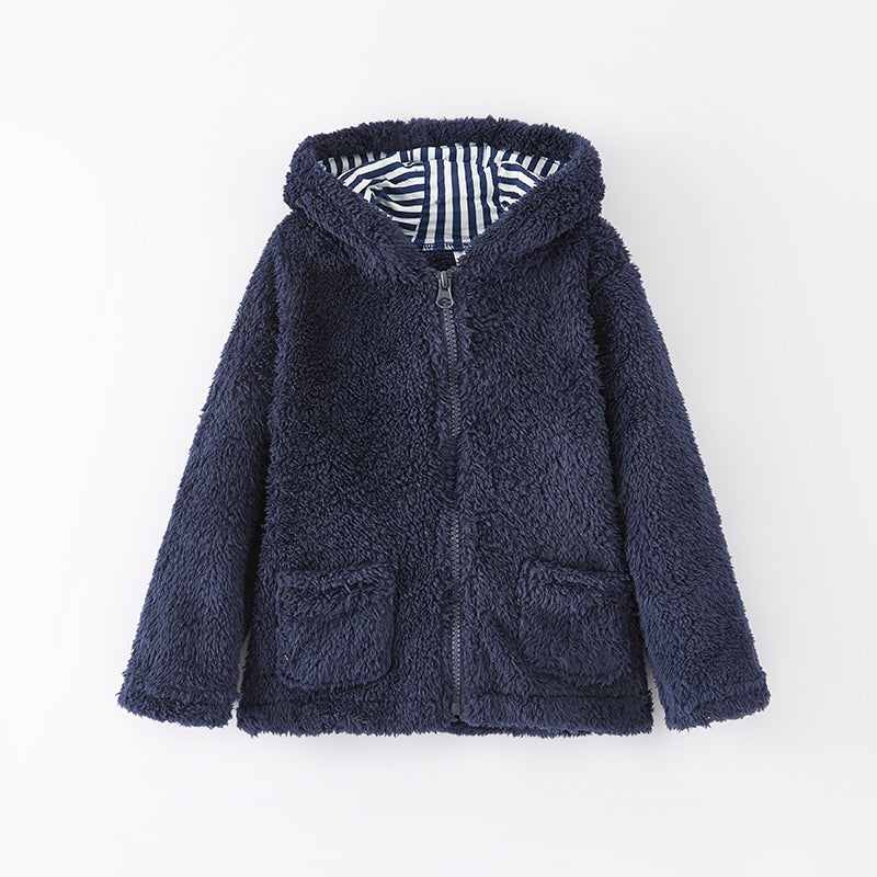 (In Stock L15-2-2)Girls Fall and Winter Bear Ears Dark Blue Fuzzy Coat