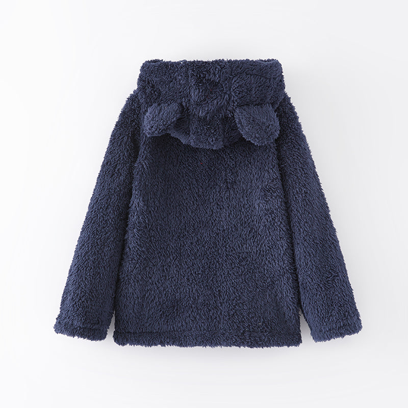 (In Stock L15-2-2)Girls Fall and Winter Bear Ears Dark Blue Fuzzy Coat