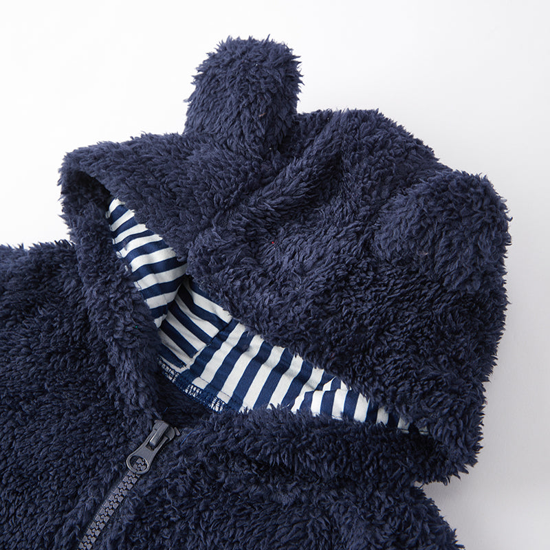 (In Stock L15-2-2)Girls Fall and Winter Bear Ears Dark Blue Fuzzy Coat