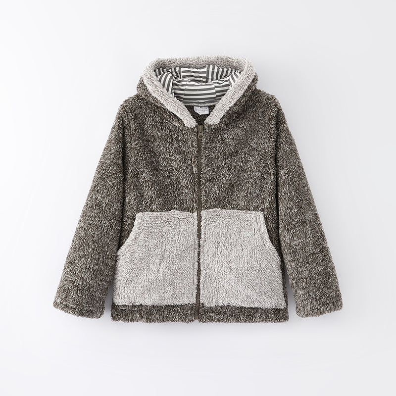 (In Stock L15-1-2)Girls Fall and Winter Bear Ears Grey Fuzzy Coat