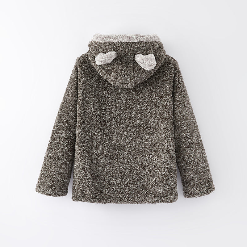 (In Stock L15-1-2)Girls Fall and Winter Bear Ears Grey Fuzzy Coat