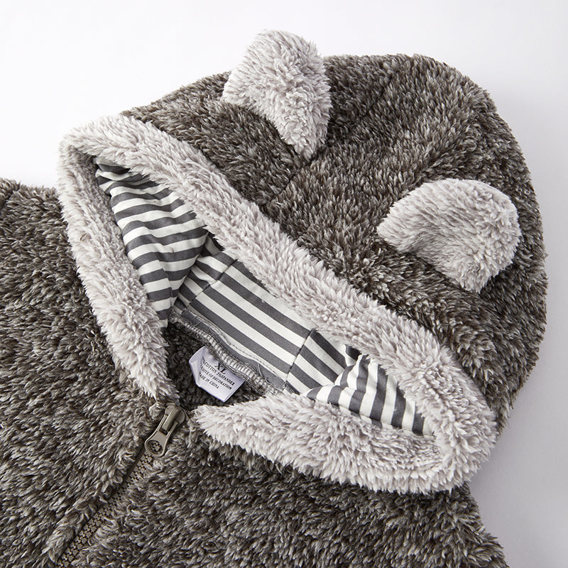 (In Stock L15-1-2)Girls Fall and Winter Bear Ears Grey Fuzzy Coat