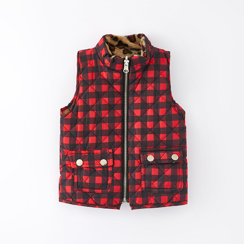 (In Stock L15-2-1)Girls Fall Red Plaid Reversible Vest